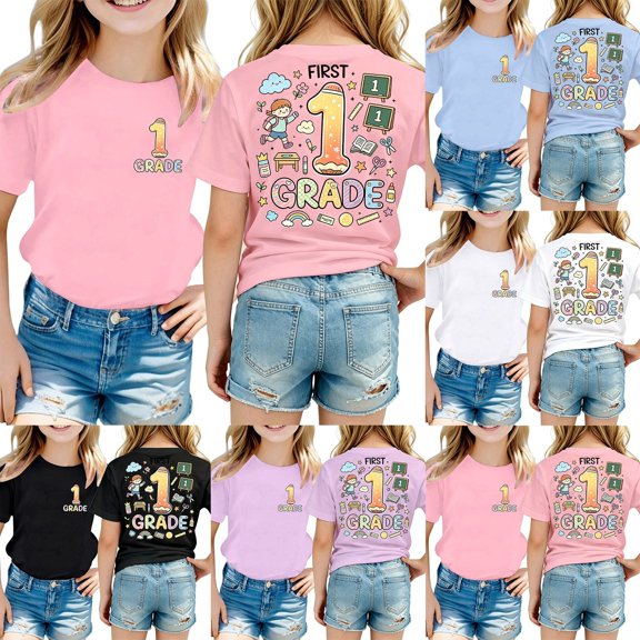 Arlun First Day of School T-Shirt for Girls Boys Cute Cartoon Graphic Letter Print Crew Neck Short Sleeve Tee Unisex Kids 1st Grade Back to School Outfit Tops 130