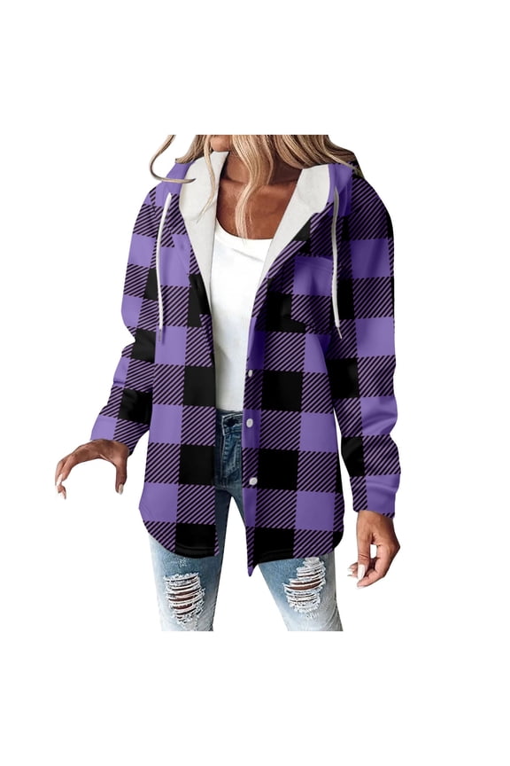Flannel Jackets for Women Trendy Lined Button down Plaid Shacket Long Sleeve Hooded Jackets Loose Fit Comfortable Warm Oversized 2025 Fashion Fall Winter Coats Purple S