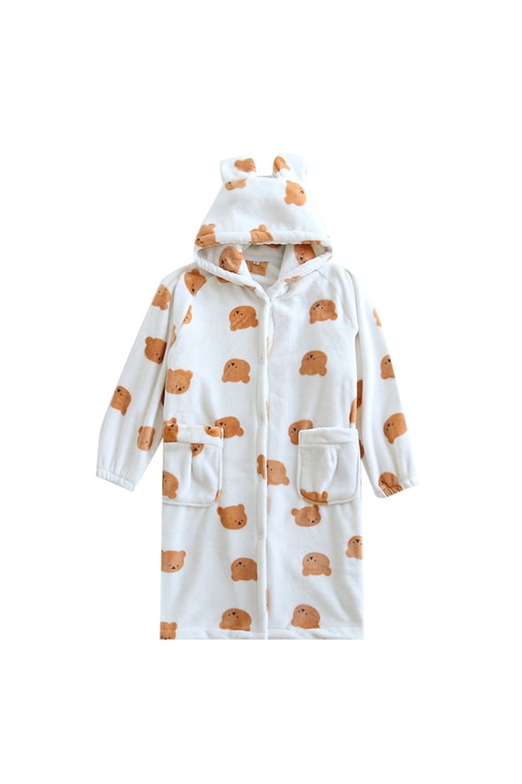 Flannel Sleepwear Robes for Women Plush Bear Print Hooded with Ears Fashion Button Front & Pockets Cute Over the Knee Length Soft Comfy Loungewear Nightwear White M