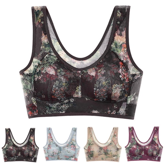 Arlun Floral Lace Bras for Women Lightweight Breathable Mesh T-Shirt Bra Soft Supportive Comfortable Full Coverage No Underwire Push up Bras Wireless Vest Style Bralettes 1-Beige XL