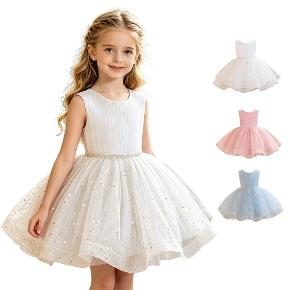 Arlun Flower Girl Dresses for Wedding Little Girls Sparkly Sequin Mesh Tutu Hem Formal Prom Dress Crewneck Sleeveless Waisted Birthday Party Dress Back to School Gift 1-White 90