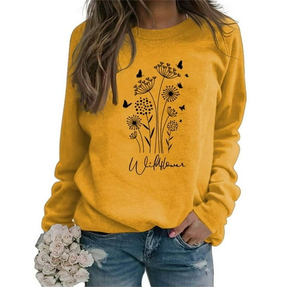 Arlun Flower Graphic Sweatshirt for Women 80s Vintage Minimalistic Floral Printed Long Sleeves Hoodless Sweatshirts Soft Loose Comfortable Stylish Pullovers Tops Yellow XL