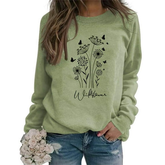 Arlun Flower Graphic Sweatshirt for Women 80s Vintage Minimalistic Floral Printed Long Sleeves Hoodless Sweatshirts Soft Loose Comfortable Stylish Pullovers Tops Mint Green XL