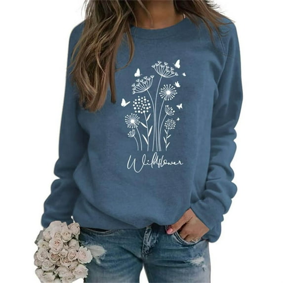 Arlun Flower Graphic Sweatshirt for Women 80s Vintage Minimalistic Floral Printed Long Sleeves Hoodless Sweatshirts Soft Loose Comfortable Stylish Pullovers Tops Blue M