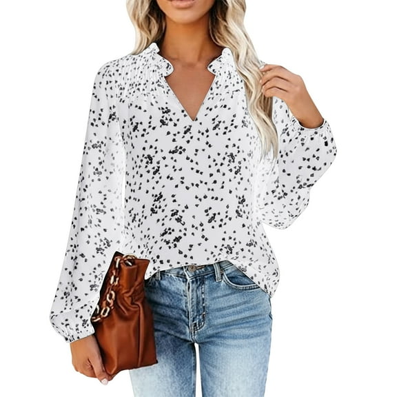 Arlun Flowy Chiffon V-Neck Long Sleeve Blouse for Women Elegant Polka Print and Shirred Detail Lightweight Soft Pullover Tops Loose Fit Comfy Shirts for Fall Winter Wear White XXL