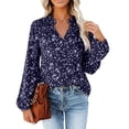 thumbnail image 1 of Arlun Flowy Chiffon V-Neck Long Sleeve Blouse for Women Elegant Polka Print and Shirred Detail Lightweight Soft Pullover Tops Loose Fit Comfy Shirts for Fall Winter Wear Blue M, 1 of 5