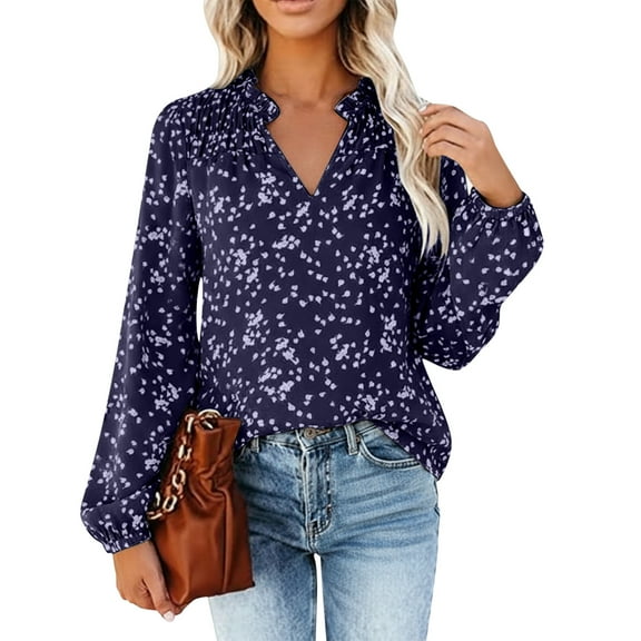 Arlun Flowy Chiffon V-Neck Long Sleeve Blouse for Women Elegant Polka Print and Shirred Detail Lightweight Soft Pullover Tops Loose Fit Comfy Shirts for Fall Winter Wear Blue XL