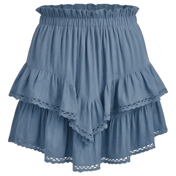 Arlun Flowy Skirts for Women Ruffle Lace Trim High Waist Mini Skirts Casual Summer Loose Fit Solid Color Skorts Soft Comfortable Stretch Waisted for Vacation and Daily Wear Light Blue XS