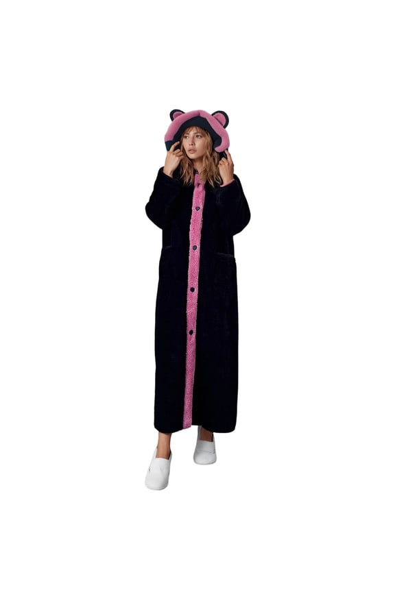 Fluffy Sleepwear Robes for Women Cute Bear Ear Hooded Robe Long Button Front with Pockets Black & Pink Contrast Soft Comfortable Warm Loungewear Nightgown Black M