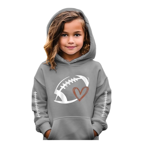 Arlun Football Hooded Sweatshirt for Teen Girls Funny Football Graphic Hoodies Soft Comfortable Pullover Tops with Pocket Drawstring Long Sleeve Sweatshirts Grey 4-5Years
