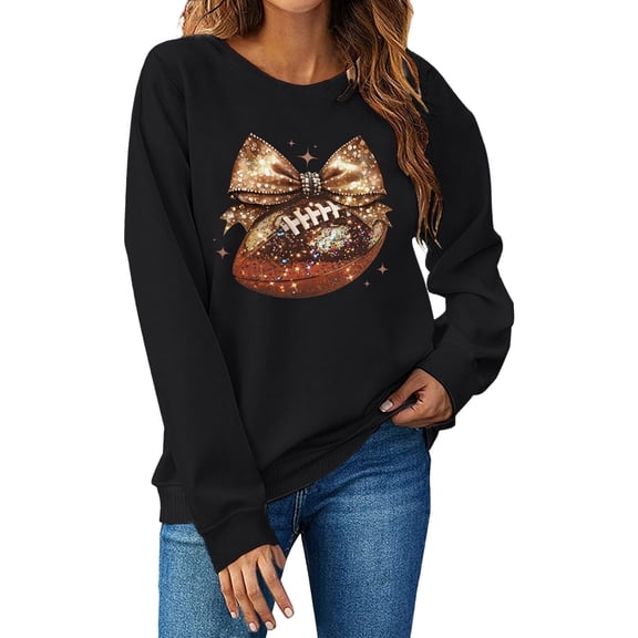 Arlun Football Sweatshirts Womens Cute Football Bow Ribbons Graphic Printed Crewneck Pullovers Soft Comfy Long Sleeve Loose Fit Fall Thin Hoodless Tops Black S