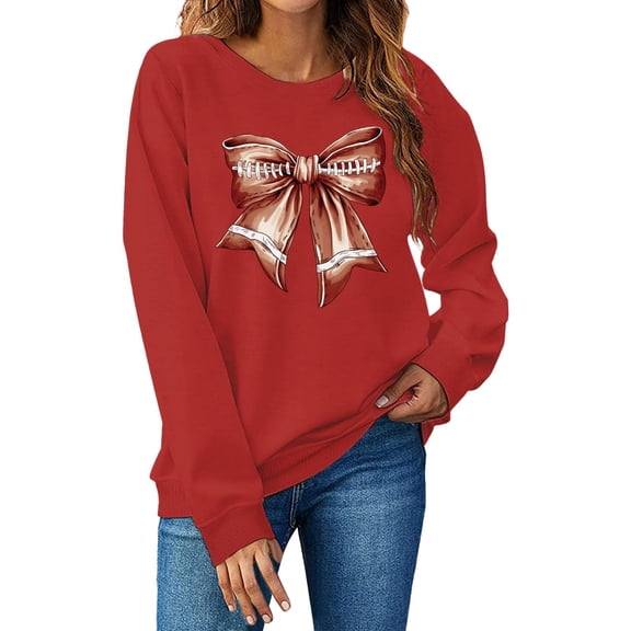 Arlun Football Sweatshirts Womens Cute Football Bow Ribbons Graphic Printed Crewneck Pullovers Soft Comfy Long Sleeve Loose Fit Fall Thin Hoodless Tops Red XXL