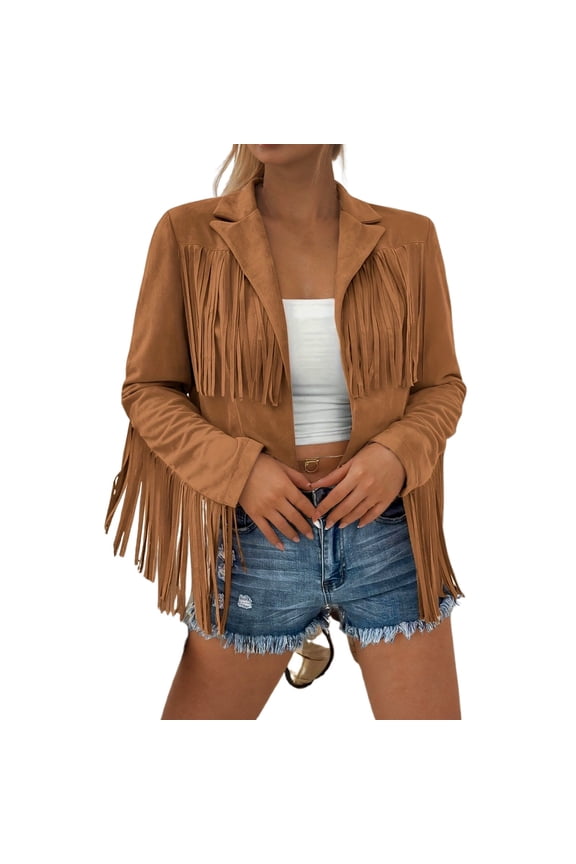 Fringe Jackets for Women Suede Tassel Motorcycle Cropped Coats Casual Open Front Lapel Design Long Sleeve Western Tassel Leather Jackets Solid Lightweight Outwear Brown S