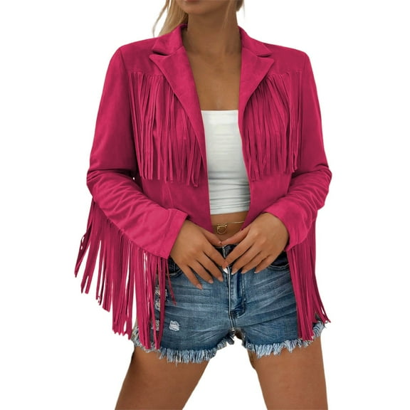 Arlun Fringe Jackets for Women Suede Tassel Motorcycle Cropped Coats Casual Open Front Lapel Design Long Sleeve Western Tassel Leather Jackets Solid Lightweight Outwear S