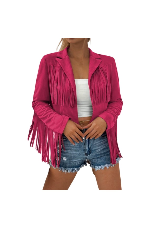 Fringe Jackets for Women Suede Tassel Motorcycle Cropped Coats Casual Open Front Lapel Design Long Sleeve Western Tassel Leather Jackets Solid Lightweight Outwear M