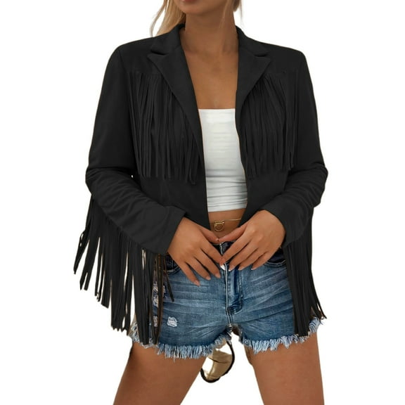 Arlun Fringe Jackets for Women Suede Tassel Motorcycle Cropped Coats Casual Open Front Lapel Design Long Sleeve Western Tassel Leather Jackets Solid Lightweight Outwear Black M