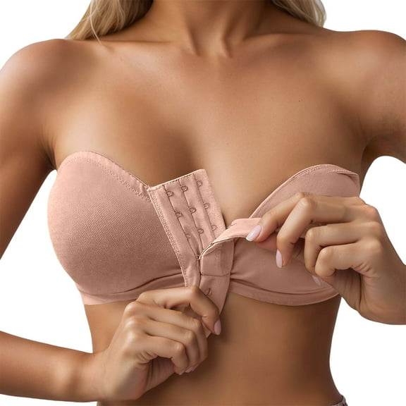 Arlun,Front Closure Strapless Bras for Women Plus Size Push up Wireless Bandeau Bra Anti-Slip Seamless Full Coverage Everyday Wear Supportive Bras Beige M