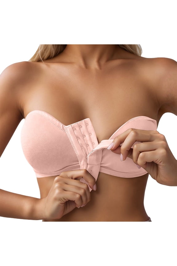 ,Front Closure Strapless Bras for Women Plus Size Push up Wireless Bandeau Bra Anti- Seamless Full Coverage Everyday Wear Supportive Bras Pink XXL