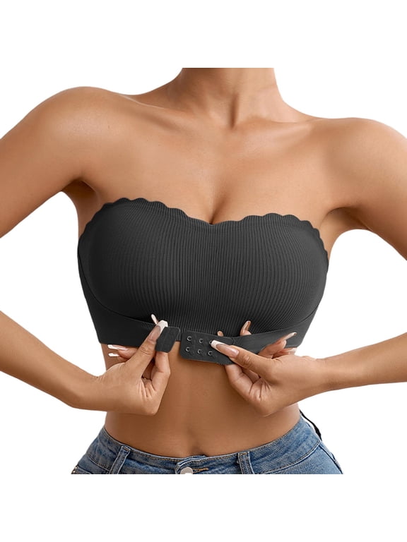 ,Front Closure Strapless Bras for Women Wireless Non- Jelly Bras Ribbing Scalloped Seamless Full Coverage Push up Thin Bralettes for Everyday Wear Black S