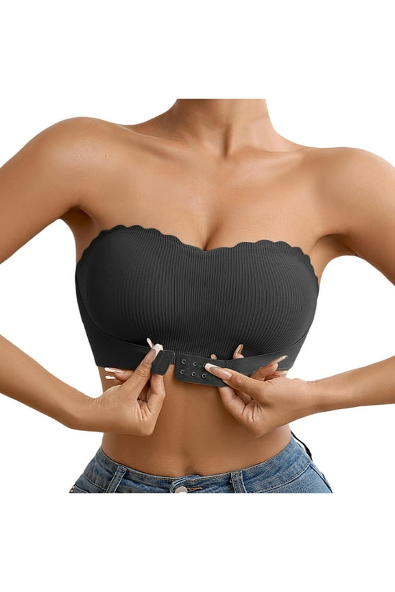 ,Front Closure Strapless Bras for Women Wireless Non- Jelly Bras Ribbing Scalloped Seamless Full Coverage Push up Thin Bralettes for Everyday Wear Black L