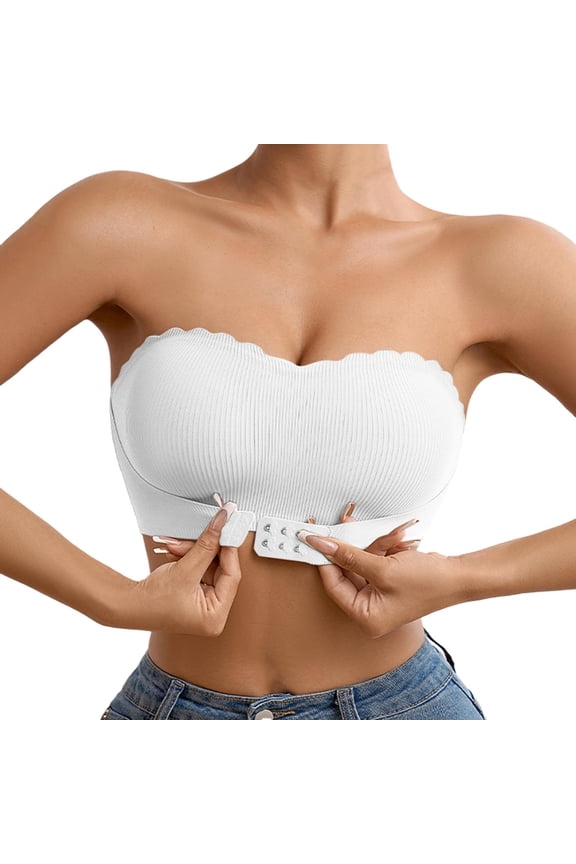 ,Front Closure Strapless Bras for Women Wireless Non- Jelly Bras Ribbing Scalloped Seamless Full Coverage Push up Thin Bralettes for Everyday Wear White L