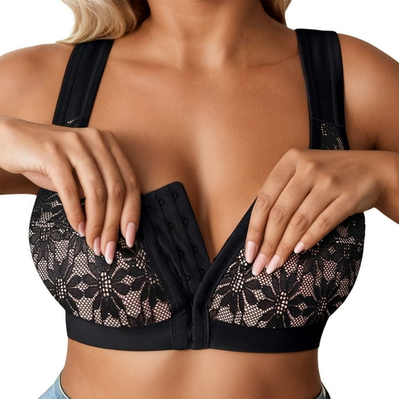 Arlun,Front Closure No Underwire Thin Bras for Women Lightweight Breathable Wireless Yoga Sports Bralette Trendy Lace Floral Pattern Comfort Full Coverage Bras Black 0XL