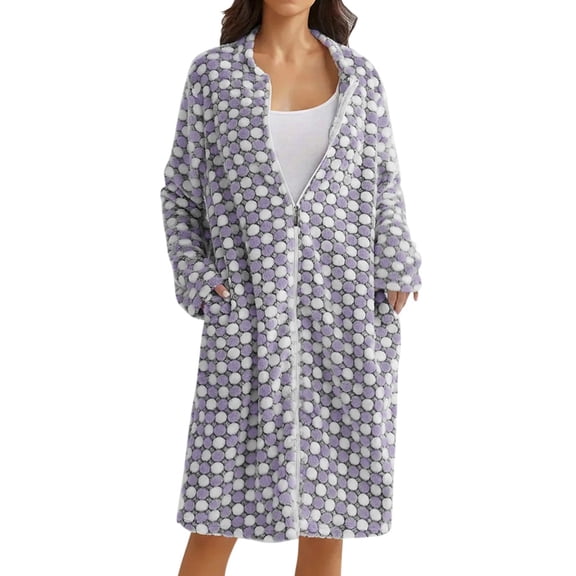 Arlun Full Zipper Polka Dot Print Robes for Women Fashion Long Sleeve Soft Comfy Flannel Loungewear Casual Loose Knee Length Fuzzy Winter Warm Sleepwear Bathrobe Purple M