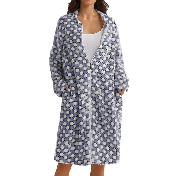 Arlun Full Zipper Polka Dot Print Robes for Women Fashion Long Sleeve Soft Comfy Flannel Loungewear Casual Loose Knee Length Fuzzy Winter Warm Sleepwear Bathrobe Blue M