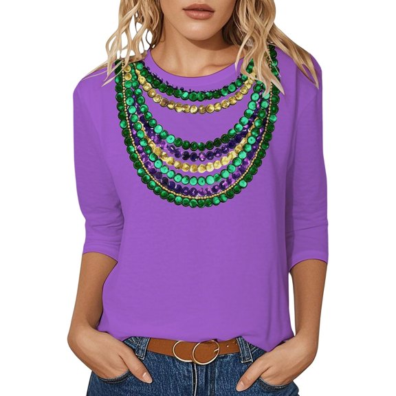 Arlun Funny Mardi Gras T-Shirts for Women Carnival Print Crew Neck 3/4 Sleeve Tops Soft Comfortable Loose New Party Lightweight Blouses 2026 Spring Fashion Outfits 1-Purple M