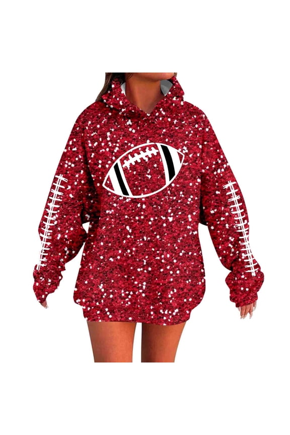 Game Day Womens Sequin Hoodies Sweatshirts Preppy Funny Rugby Graphic Long Sleeve Loose Fit Hooded Tops Oversized Fall Winter Pullovers Red XXL