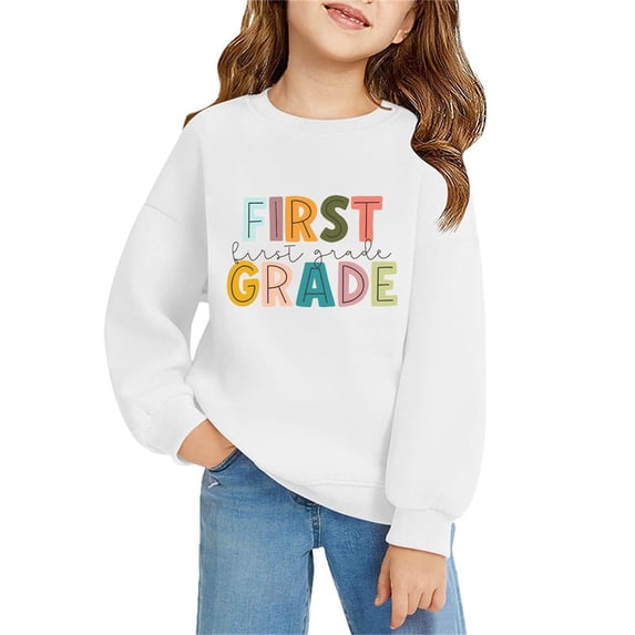 Arlun Girls 1st Grade Sweatshirt Back to School Outfit First Grade Letter Print Oversized Crew Neck Pullover First Day of School Graphic Soft Comfy Long Sleeve Fall Tops 160