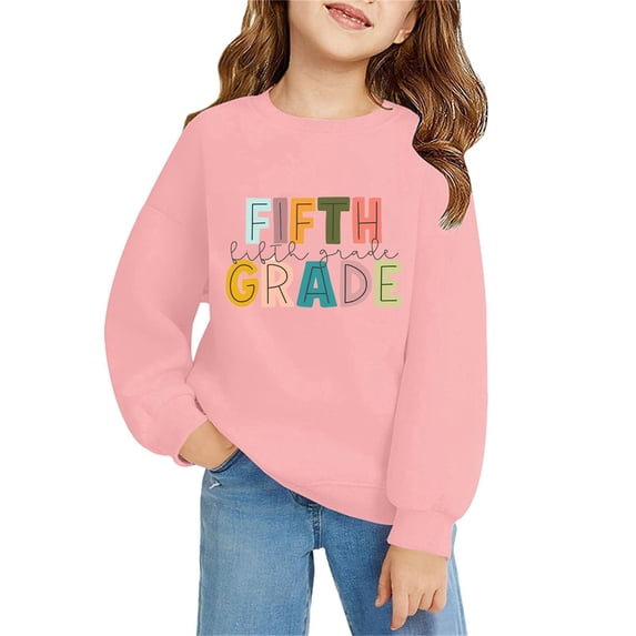 Arlun Girls 5th Grade Sweatshirt Back to School Outfit Fifth Grade Letter Print Oversized Crew Neck Pullover First Day of School Graphic Soft Comfy Long Sleeve Fall Tops 150