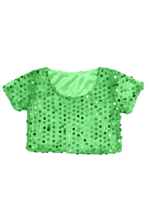 Girls Glitter Round Sequin Crop Tops Short Sleeve Crew Neck T-Shirts for Stage Performance Singing Dancing and Show Lightweight Soft Comfort Elastic Tee for Kids Green One Size