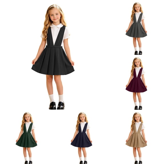 Arlun Girls School Uniform V-Neck Jumper Dress Sleeveless Solid Color Stretchy Flared Pleated Dresses Casual Knee Length Midi Dress for Back to School Daily Wear 1-Red 170