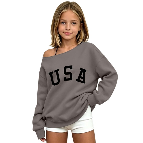 Arlun Girls off the Shoulder Sweatshirt for Back to School Season Oversized Drop Shoulder Long Sleeve Hoodless Pullover Top Fall Winter Letter Print Baggy Cozy Sweatshirts 170