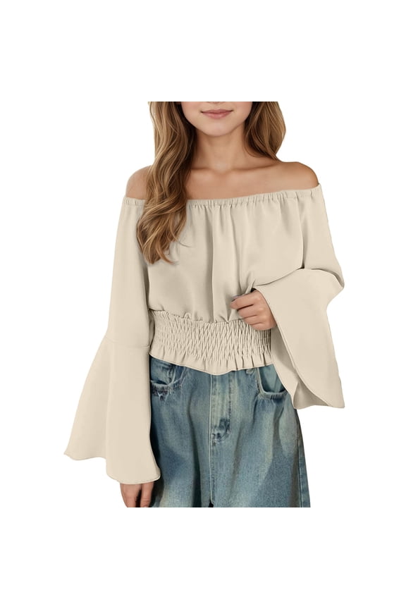 Girls Vintage off the Shoulder Flare Sleeve Crop Tops Tween Long Sleeve Elastic Smocked Hem Elegant Tunic Blouse Solid Color Loose Soft Comfy T Shirts for Daily Wear Beige 150