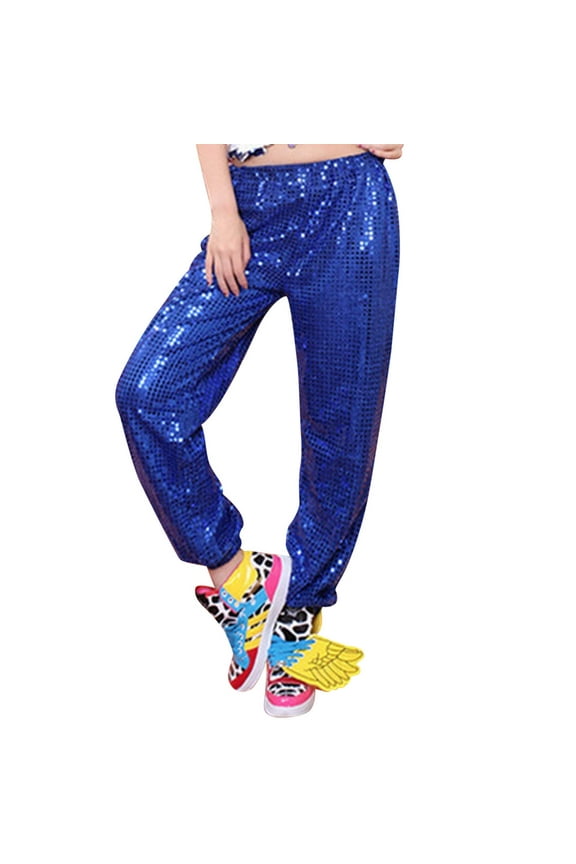 Glitter Sequins Hop Jazz Dance Joggers for Women Lightweight Soft Comfy Mardi Gras Sweatpants Solid Color Elastic High Waisted Tapered Hem Trousers 2026 Blue S