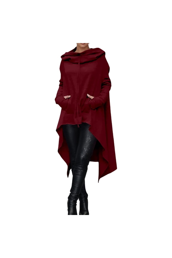 Goth High Low Hoodies for Women Asymmetrical Hem Long Sleeve Drop Shoulder Hooded Sweatshirts Cowl Neck Loose Fit Solid Color Tunic Pullover Top with Pockets M
