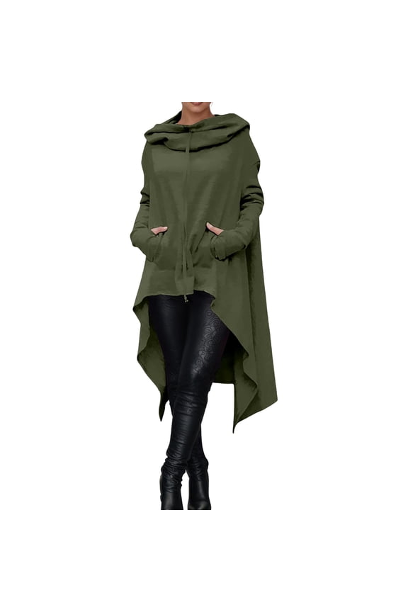 Goth High Low Hoodies for Women Asymmetrical Hem Long Sleeve Drop Shoulder Hooded Sweatshirts Cowl Neck Loose Fit Solid Color Tunic Pullover Top with Pockets Green L