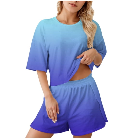 Arlun Gradient Color Pajamas for Women Set 2 Piece Short Sleeve Crewneck Pullover Tops and Shorts Pjs Sets Loose Fit Lightweight Soft Cozy Sleepwear Casual Loungewear Outfit Blue XL