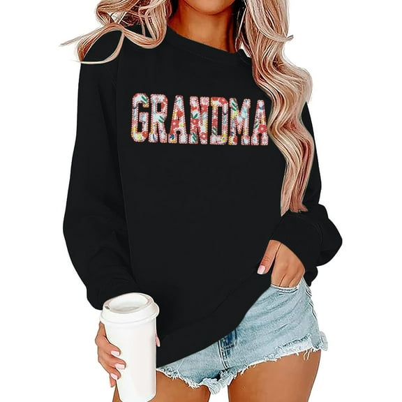 Arlun Grandma Sweatshirts for Women Grandma Letter Printed Floral Applique Graphic Grandmother Pullover Tops Long Sleeve Crewneck Relaxed Fit Hoodless Sweatshirt Black XL