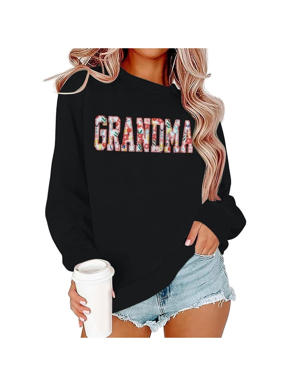 Grandma Sweatshirts for Women Grandma Letter Printed Floral Applique Graphic Grandmother Pullover Tops Long Sleeve Crewneck Relaxed Fit Hoodless Sweatshirt Black M