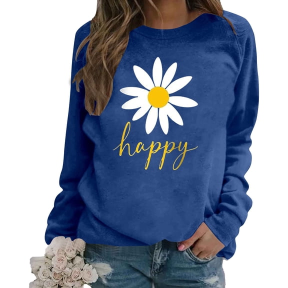 Arlun Graphic Sweatshirts for Women Cute Flower Pattern Funny Letter Print Oversized Crew Neck Hoodless Sweatshirt Long Sleeve Drop Shoulder Loose Casual Fashion Pullover Tops 2025 Blue1 L