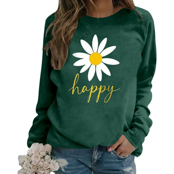 Arlun Graphic Sweatshirts for Women Cute Flower Pattern Funny Letter Print Oversized Crew Neck Hoodless Sweatshirt Long Sleeve Drop Shoulder Loose Casual Fashion Pullover Tops 2025 Dark Green1 M