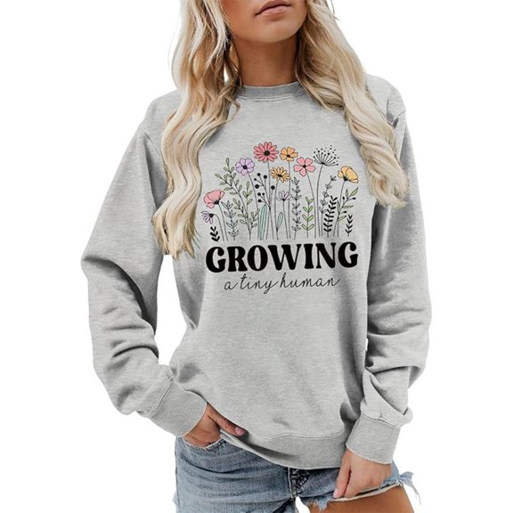 Arlun Growing Crewneck Sweatshirts for Women Funny Cute Graphic Printed Pregnancy Announcement Pullovers Pregnant Mama Long Sleeve Soft Comfortable New Mom Tops Light Gray M