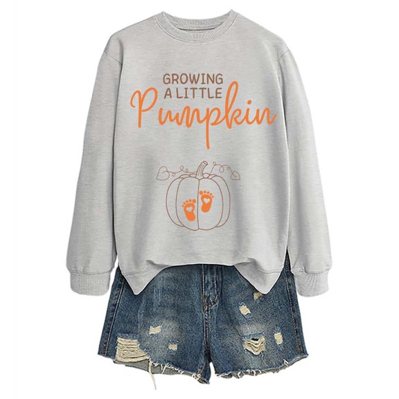Arlun Growing a Little Pumpkin Sweatshirts for Women Thanksgiving Fall Round Neck Long Sleeve Pregnancy Sweatshirts Soft Comfort Relaxed Fit Hoodless Pullovers Grey L