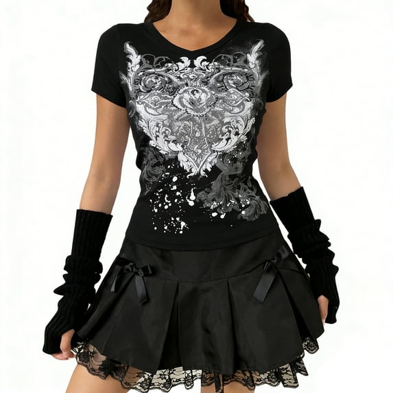 Arlun Grunge T-Shirts for Women Vintage Graphic Short Sleeve Tees Y2k 2000s Goth Crewneck Tops Soft Comfortable Fitted Lightweight Streetwear 2026 Fashion Outfits 2-Black M