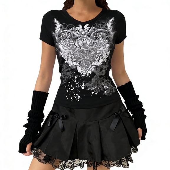 Arlun Grunge T-Shirts for Women Vintage Graphic Short Sleeve Tees Y2k 2000s Goth Crewneck Tops Soft Comfortable Fitted Lightweight Streetwear 2026 Fashion Outfits 2-Black S