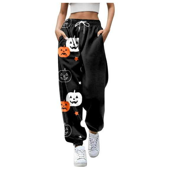 Arlun,Halloween Cartoon Graphic Sweatpants for Women Baggy Elastic Waisted Drawstring Wide Leg Joggers Plus Size Loose Comfy Cinch Bottom Lounge Trousers Fall Winter Outfits Black0 M