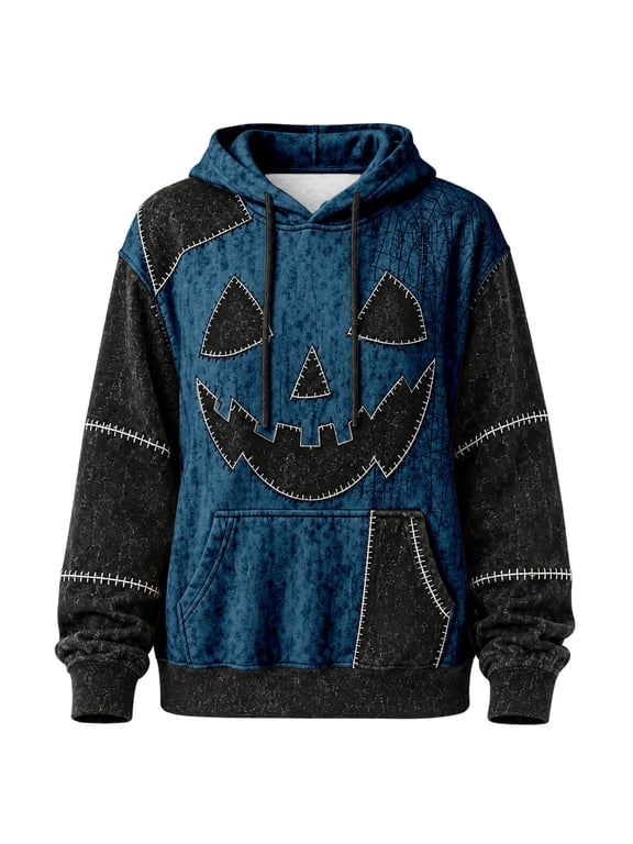 Halloween Hoodies for Women 2026 Funny Pumpkin Face Print Spooky Season Drawstring Hooded Sweatshirt Retro Patchwork Drop Shoulder Long Sleeve Pullover Top Y2k Streetwear 1-Navy S